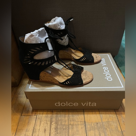 DolceVita Lina Black Suede Cutout Tie Ankle Wedge Sandal - Picture 11 of 12